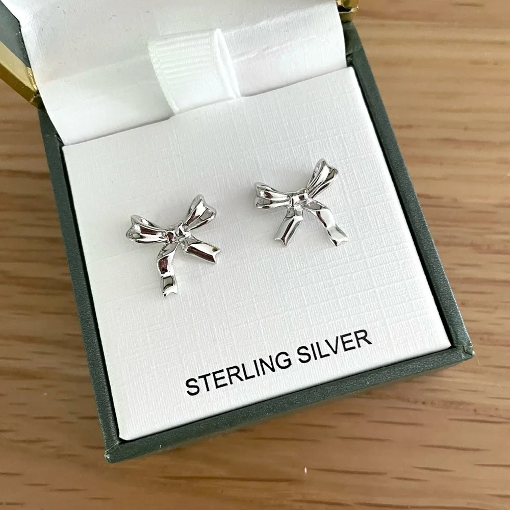 Sterling Silver Bow Stud Earrings - Picture 2 of 4